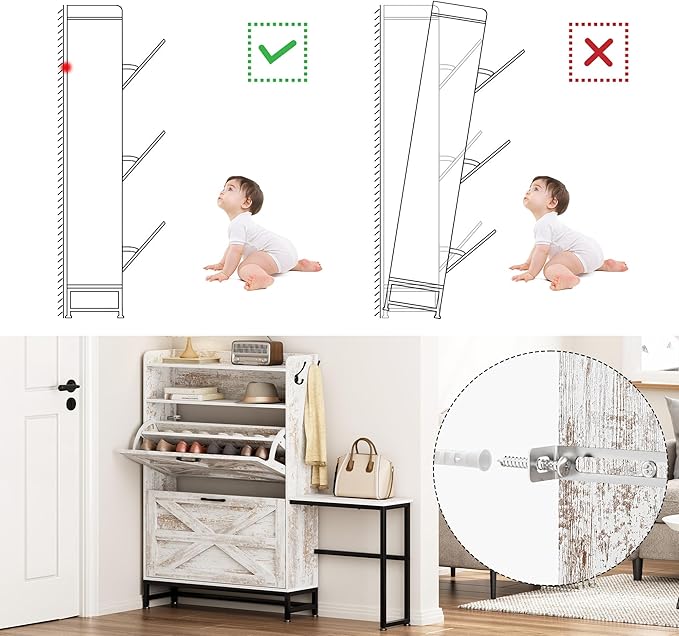 Vibe & Dine Shoe Cabinet with 2 Flip Drawers and Shoe Bench, Farmhouse Shoe Storage Cabinet for Entryway, Freestanding Slim Shoe Organizer Cabinet, Narrow Shoe Rack Cabinet with Metal Legs, White