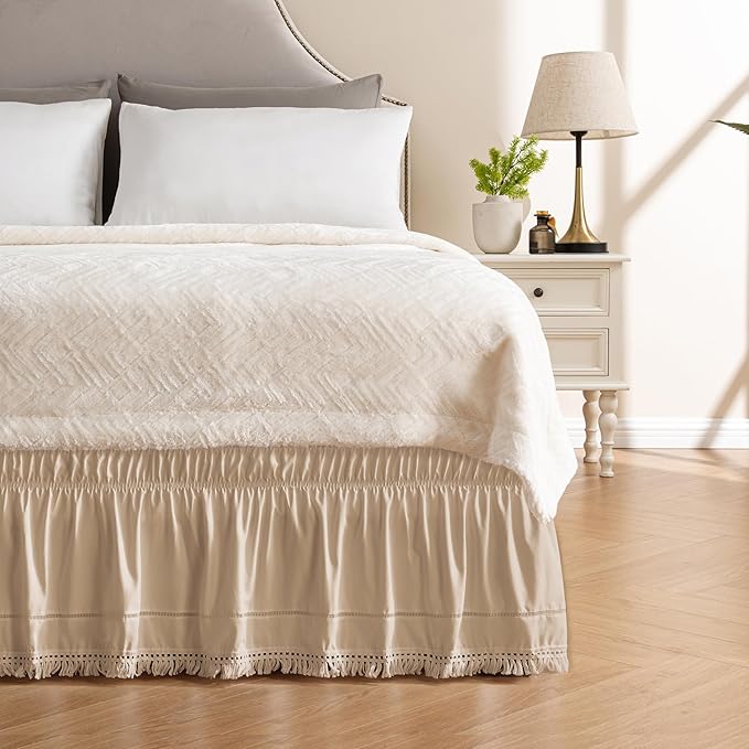 MIYE Wrap Around Ruffled Lace Bed Skirt, Elastic Dust Ruffle with Adjustable Belts, Easy to Put On, Bed Frame Cover, Machine Washable (Tassel Ruffle/Beige, Full/Twin-18 Drop)