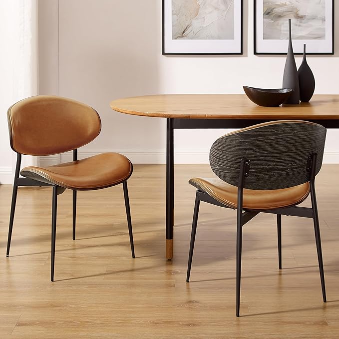 Art Leon Dining Chairs, Set of 2, Grey Oak Bentwood, Mid Century Modern Chair, Orange Faux Leather Kitchen Dining Room Chairs, Accent Chairs for Bedroom