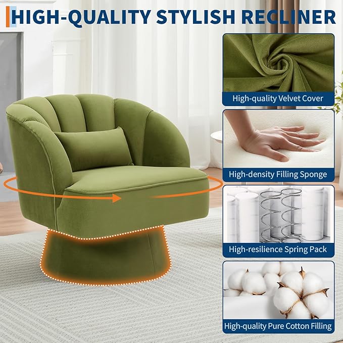 GarveeHome Modern Swivel Barrel Accent Chair, 360 Degree Velvet Upholstered Armchair with Striped Backrest & Plush Padding, Comfy Round Lounge Chair for Living Room, Bedroom, Reading Nook, Green 2 PCS