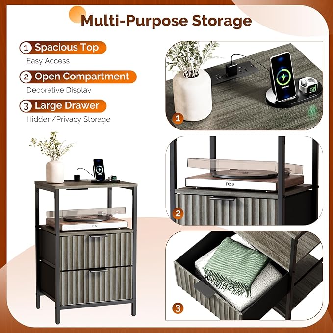 VINGLI Grey Night Stand with Charging Station, Fluted Nightstand Gray with Drawers Fabric, Grey Bedside Table/End Table for Bedroom, 14.96" W*11.81" D*23.78" H