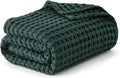 Bedsure Cooling Cotton Waffle Queen Size Blanket - Lightweight Breathable Blanket of Rayon Derived from Bamboo for Hot Sleepers, Luxury Throws for Bed, Couch and Sofa, Dark Green, 90x90 Inches