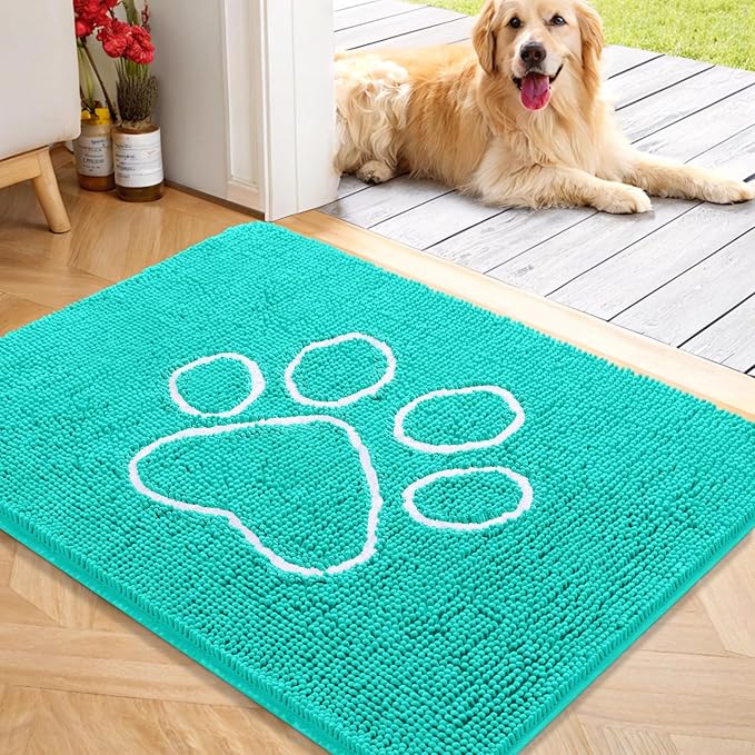OLANLY Dog Door Mat for Muddy Paws 40x32, Paw Print Design, Absorbs Moisture and Dirt, Absorbent Non-Slip Washable Doormat, Quick Dry Chenille Mud Mat for Dogs, Entry Indoor Entryway Carpet, Teal