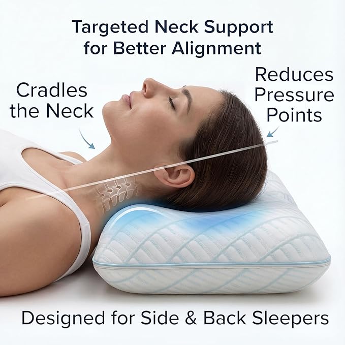 Glacia Contour Ergonomic Pillow – Contoured Cervical Neck Pillow for Sleeping and Pain Relief | Gel-Infused Memory Foam Pillows for Side Sleeper Relief, Queen Size