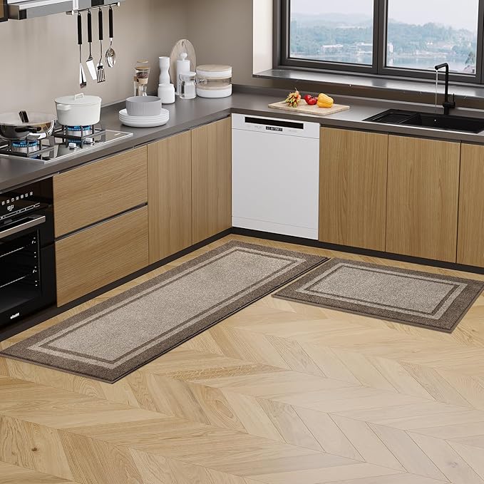 Kitchen Rugs 24" x 36", Non-Slip Machine Washable Kitchen Runner Rugs Floor Mats, Absorbent Comfort Standing Mats for Kitchen, Sink, Laundry and Hallway, Beige & Grayish Brown