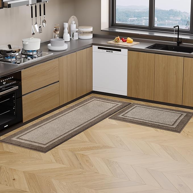 Kitchen Rugs 24" x 84", Non-Slip Machine Washable Kitchen Runner Rugs Floor Mats, Absorbent Comfort Standing Mats for Kitchen, Sink, Laundry and Hallway, Rolled Packaging, Beige & Grayish Brown