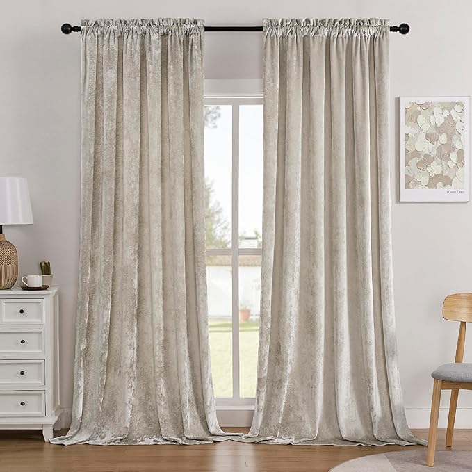 SMILETIME Ivory White Crushed Velvet Curtains 52x84inch Rod Pocket Luxurious Thermal Insulated Soundproof Drapes Soft and Durable Light-Filtering Window Treatments for Living Room Bedroom, 2 Panels