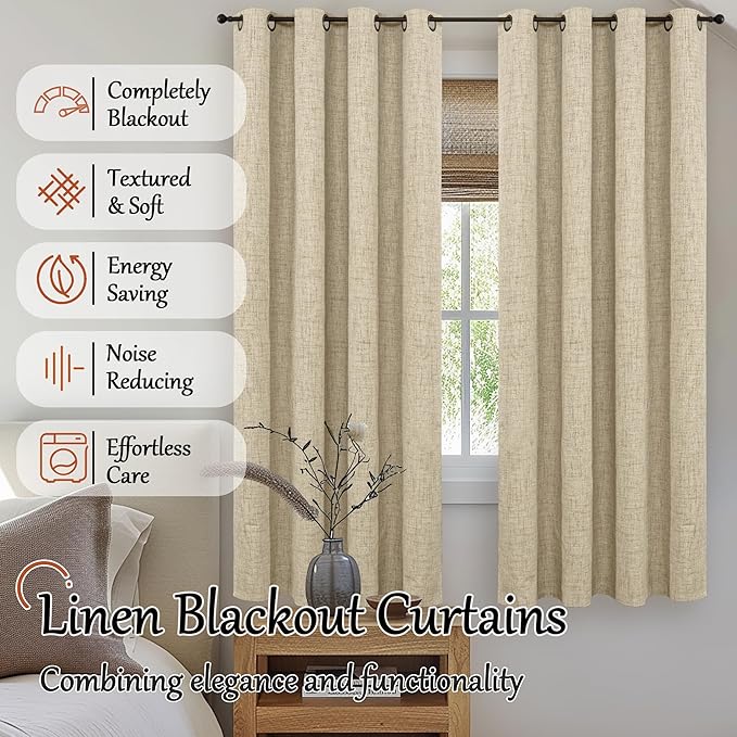 Blackout Living Room Curtains 72 Inch Long 2 Panels, Textured Black-Out Faux Linen Curtains for Bedroom Light Blocking, Bronze Grommet Thermal Insulated Window Drapery, Each 52" Wide, Burlap
