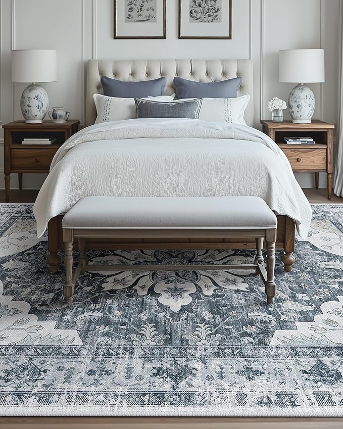Area Rugs 10'x14' Washable Non-Slip, Floral Vintage Distress Print Pattern Medallion Carpet for Living Room Bedroom Dining Room, Light Gray Grey White
