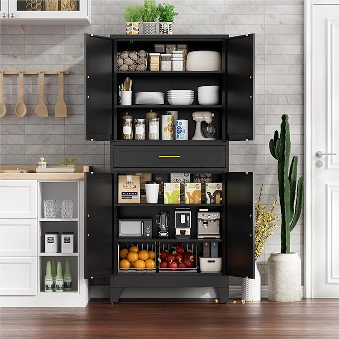 71" Tall Farmhouse Pantry Cabinet,Metal Cabinets with Doors and Shelves,Storage Cabinet for Kitchen, Garage,Black
