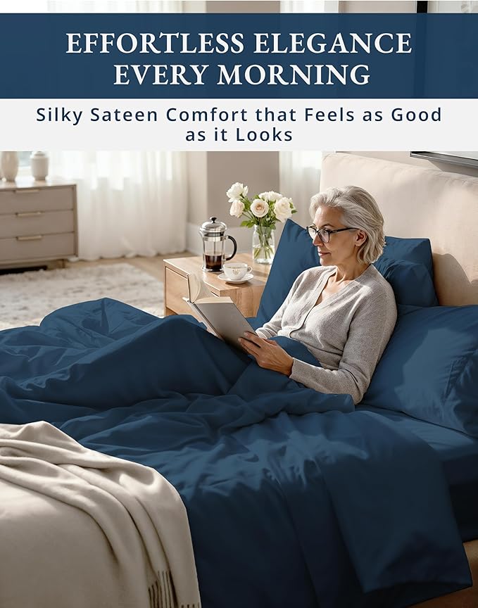 LANE LINEN 100% Cotton Cal King Sheet Set - 1000 Thread Count, 15" Deep Pocket Fully Elasticized French Reinforced Pocket Seams for Soft, Comfy & Fresh Bed Eco Friendly Cooling Sheets - Estate Blue