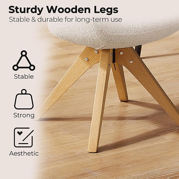 Zouron Desk Chair with Wooden Legs, Swivel Accent Chairs No Wheels, Modern Vanity Arm Chair for Small Space Home Office Living Room Bedroom, Ivory and Natural Wood
