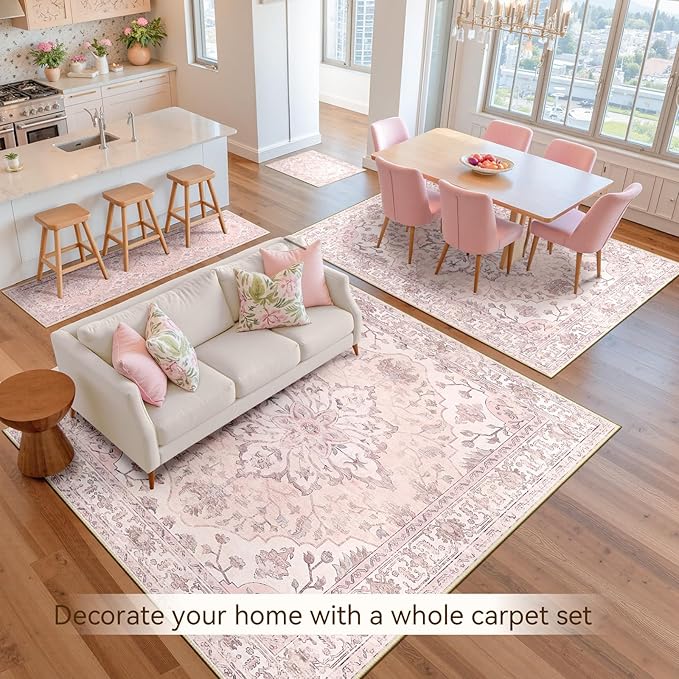 Area Rugs 6'x8' Washable Non-Slip, Floral Vintage Distress Print Pattern Medallion Carpet for Living Room Bedroom Dining Room, Pink Greypink Cute
