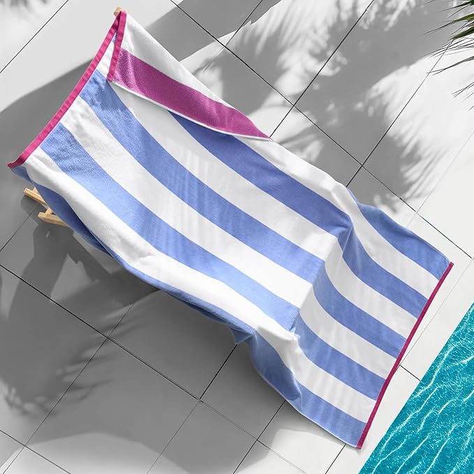 Juicy Couture Blue/White Hot Pink/White Reversible Cabana 36" x 72" 100% Cotton Oversized Beach Towel - Soft, Absorbent, and Quick-Drying, Perfect for Beach, Pool, or Travel