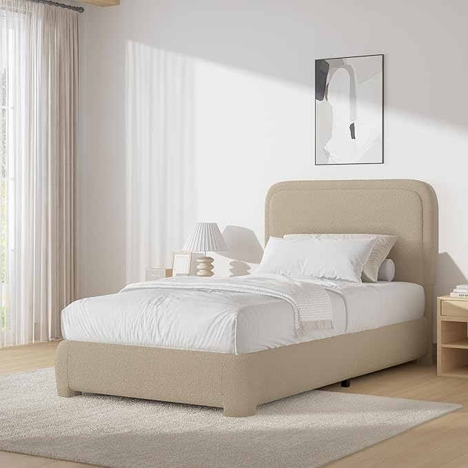 BarnFurin Twin Bed Frames with Headboard,Cloud Boucle Upholstered Platform Bed, Modern Style, Soft Rounded Corners, No Box Spring Needed, Easy Assembly, Beige