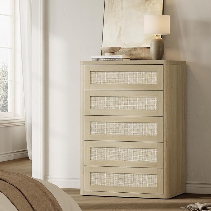 SICOTAS Tall Dresser for Bedroom - Rattan 5 Drawer Dressers Chest of Drawers with Push-to-Open Design, Boho Extra Deep Clothes Dresser with Large Storage for Closet, Living Room, Sand Oak