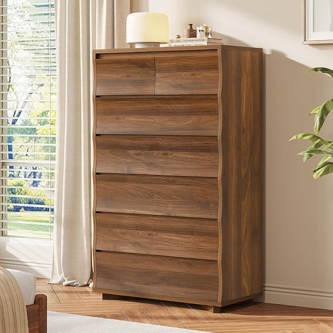 Tall Dresser for Bedroom, 52.8" Tall Dresser with 7 Drawers, Wood Dressers & Chests of Drawers, Accent Upright Drawer Organizers for Closet, Hallway