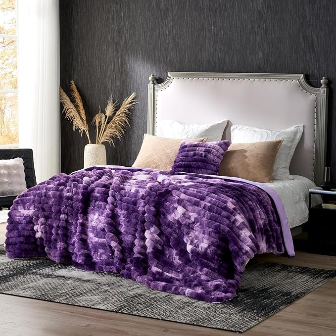 Cozy Bliss Faux Fur Throw Blanket for Couch, Cozy Warm Plush Striped Blanket for Sofa Bedroom Living Room, 108 * 90 Inches Tie-dye Purple