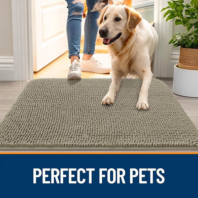 OLANLY Dog Door Mat for Muddy Paws 30x20, Absorbs Moisture and Dirt, Absorbent Non-Slip Washable Doormat, Quick Dry Chenille Mud Mat, Entry Indoor Entryway Carpet for Inside Floor, Warm Taupe
