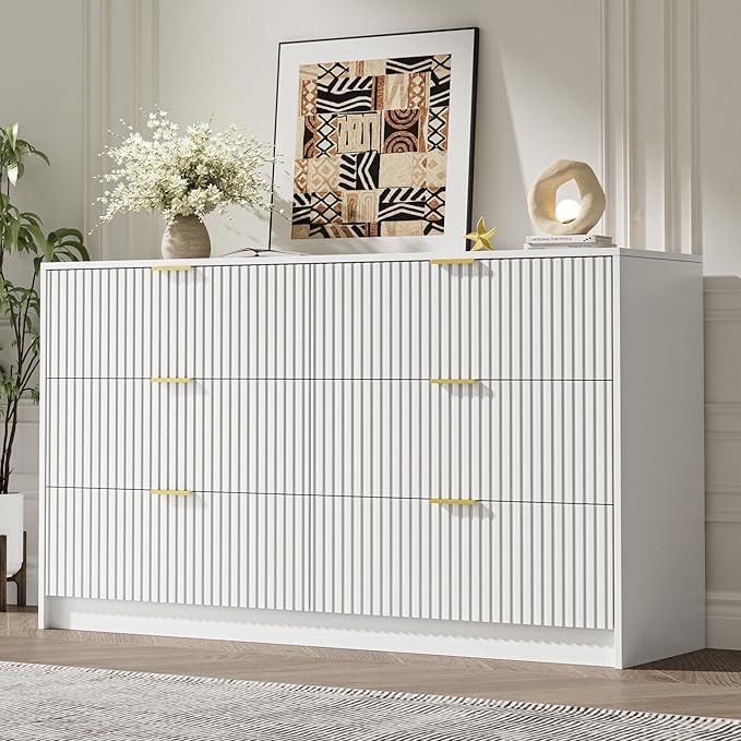 White 6 Drawer Dresser for Bedroom, 55" Wide Modern Chest of Drawers with Gold Metal Handles, Fluted Wood TV Stand for Living Room, Hallway