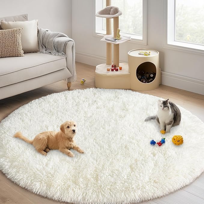 Round White Rug for Bedroom, 6 ft Circle Area Rugs for Living Room, Soft Fluffy Shag Carpet for Teen Girls Boys Nursery Room Dorm Home Decor Aesthetic