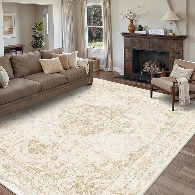 8x10 Vintage Washable Area Rugs Boho Medallion Large Distressed Retro Accent Carpet Floral Non-Slip Soft Low Pile Indoor Throw Rug for Living Room Bedroom Dining Room Office Kitchen, Beige