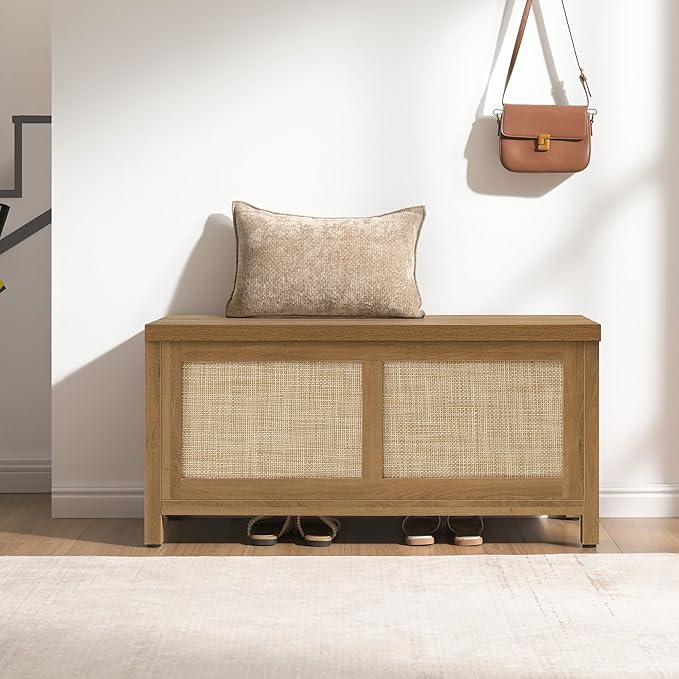 SICOTAS Rattan Storage Chest Set of 2-39.4" Storage Bench for Bedroom, Boho Storage Truck with 2 Safety Hinges and Flip Top for Living Room Entryway, Supports 220 lb, Oak, 2 PCS