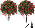 Artificial Boxwood Topiary Tree with Rose, Set of 2 Artificial Shrub Bushes with Ground Spike, Fake Evergreen Tree for Porch, Artificial Plants for Outdoor Planters Indoor UV Resistant
