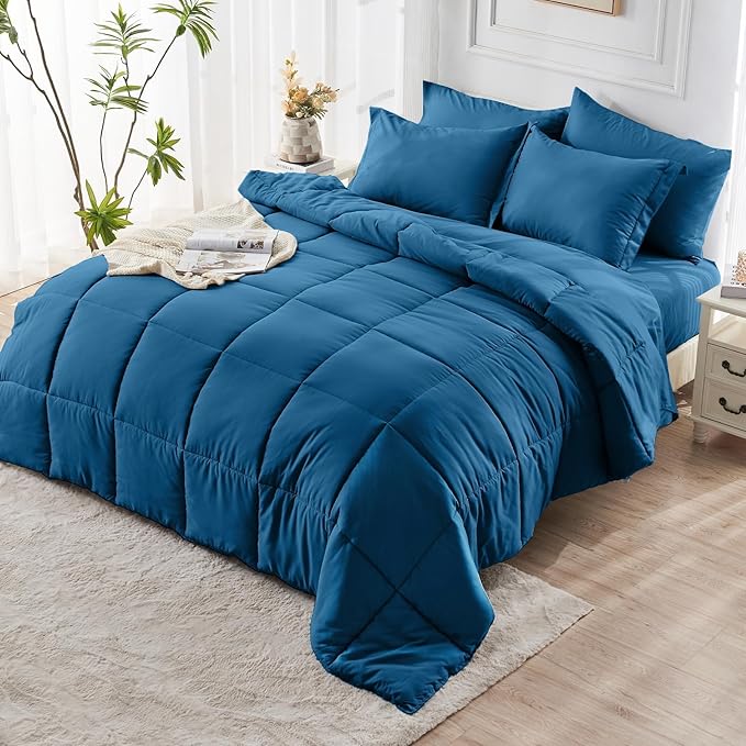 JOLLYVOGUE Queen Comforter Set, Ultra-Soft Bed in a Bag Queen Size 7 Pieces, Oeko-TEX Certified Bedding Set with Down Alternative Comforter, Sheets, Pillowcases & Shams, Teal