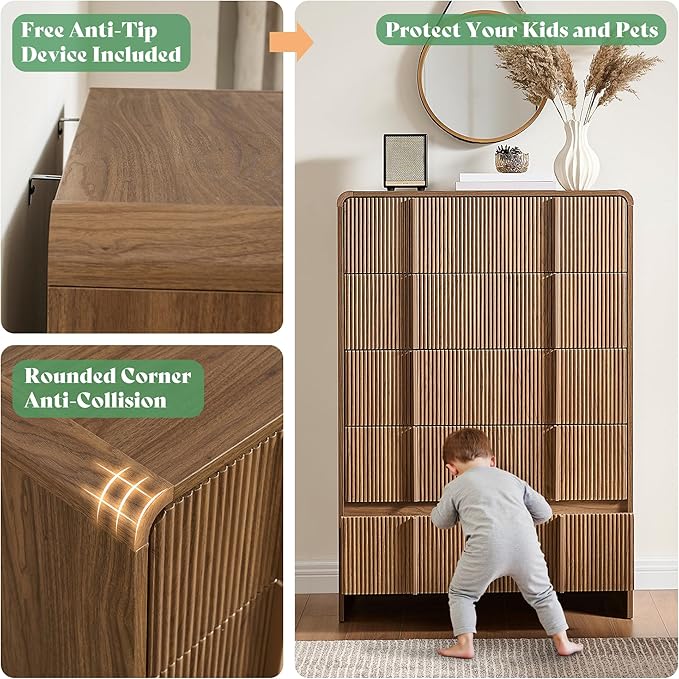 AMERLIFE Fluted 5 Drawer Dresser, 48" Tall Modern Chest of Drawers with Pine Handles, Rounded Corners & Anti-Tip, Wood Drawer Organizer for Cloth, Bedroom, Living Room, Hallway, Dark Walnut