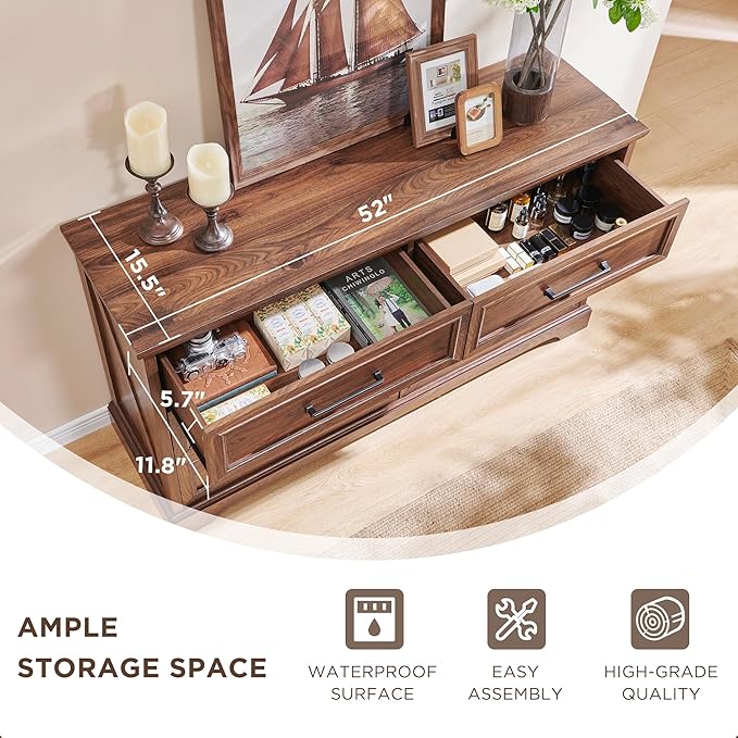 JXQTLINGMU Farmhouse 6 Drawers Dresser for Bedroom, 52'' Wide Large Wood Dressers with Bar Handles, Chests of Drawers with Storage Dressers Organizer for Bedroom, Hallway, Brown