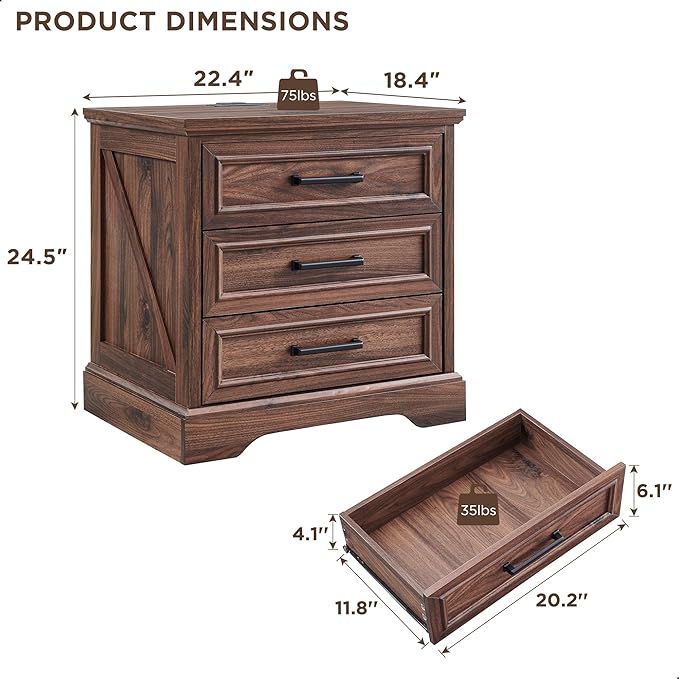 ACCOHOHO Farmhouse Nightstand with Charging Station, 22 Inch Wide End Table with 3 Large Drawers & Bar Handles, Rustic Wood Small Dresser Chest of Drawers for Bedroom, Living Room, Closet, Brown