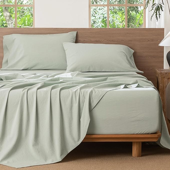MooMee Bedding Sheet Set 100% Washed Cotton Linen Like Textured Breathable Durable Soft Comfy (Heathered Sage Green, Full)