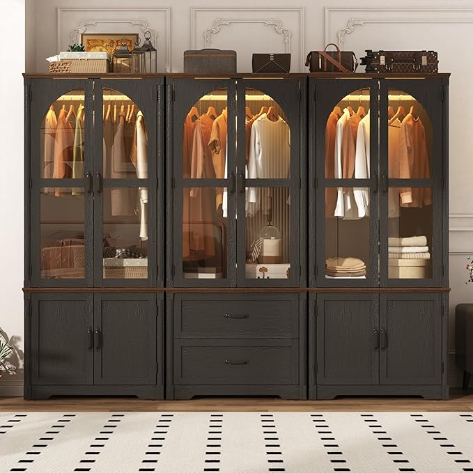 Tall Farmhouse 6 Doors Armoire Wardrobe Closet with LED ,72" Freestanding Arched Wardrobe Closet Cabinet for Bedroom w Glass Doors/Drawers,Wooden Clothing Storage Cabinet,Closets for Bedroom(Black)
