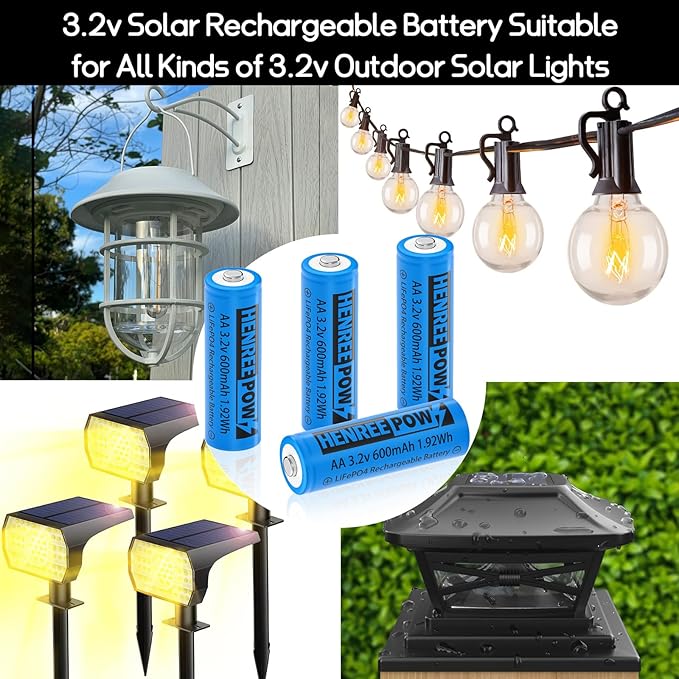Henreepow AA 3.2v Solar Rechargeable Batteries, LiFePo4 Double A 600mAh 3.2v 1.92wh Solar Battery, 3.2v Rechargeable Batteries for Solar Lights, Wall Lantern, Solar Post Lights（AA-3.2v-6pack）