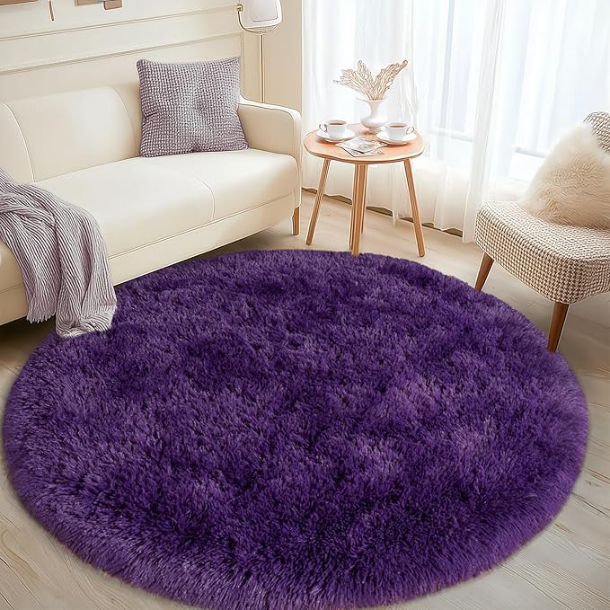 Round Purple Rug for Bedroom, 5 ft Circle Area Rugs for Living Room, Soft Fluffy Shag Carpet for Teen Girls Boys Nursery Room Dorm Home Decor Aesthetic