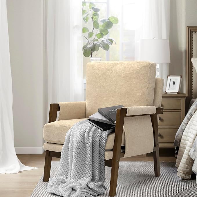 Accent Chairs for Living Room Set of 2, Modern Arm Chairs for Bedroom, Wooden Upholstered Mid Century Accent Chairs, Beige