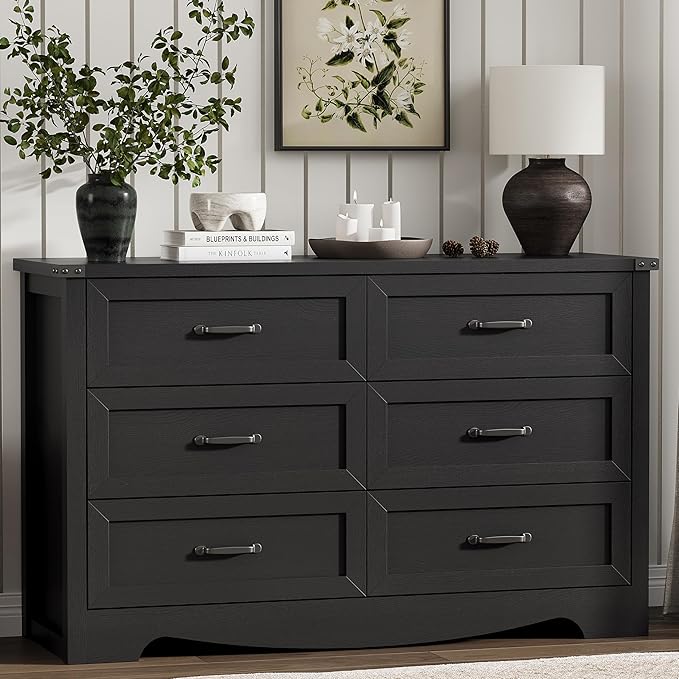 Dresser for Bedroom with 6 Drawers, 54" Wide Wood Chest of Drawers with Deep Drawers & Mental Handle, Modern Dresser TV Stand, Wooden Closet Storage Organizer for Living Room, Hallway, Entryway, Black