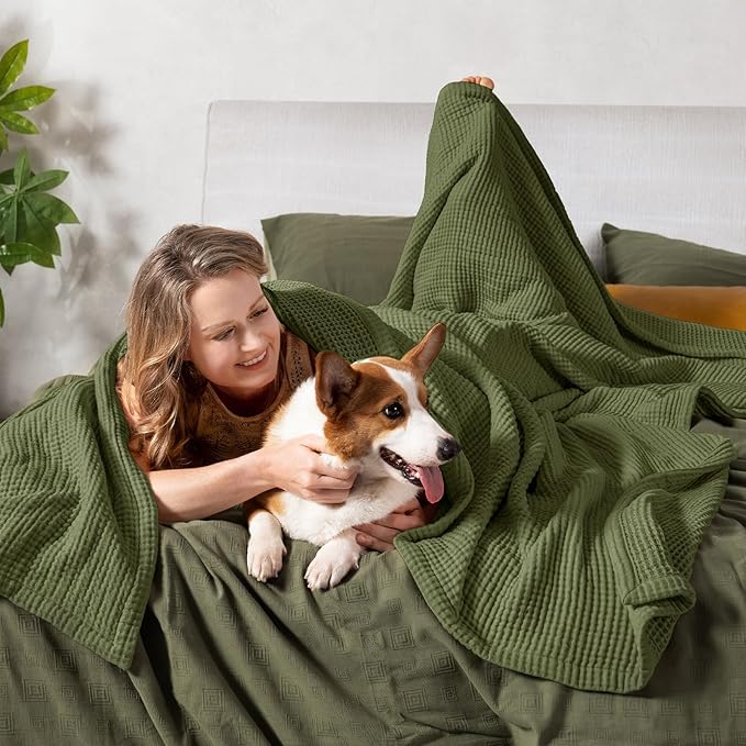 PHF 100% Cotton Waffle & Muslin Blanket King Size, Soft Breathable Luxury 400GSM Versatile Reversible Bedding for Bed, Great for Layering in Cold Weather, Home Decor Gift, 104" x 90", Olive Green