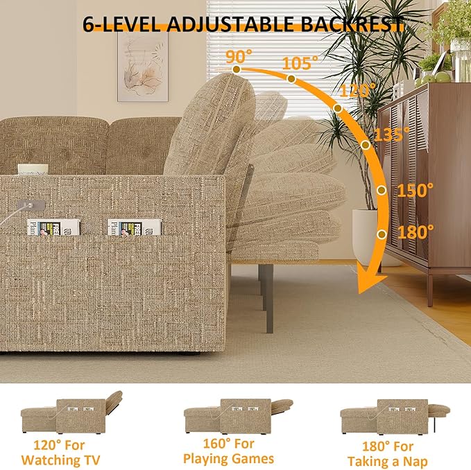 63 Inch Sleeper Sofa Bed, 4 in 1 Pull Out Couch Bed with Adjustable Backrest, Small Loveseat with Wide Armrest | USB Charging | Side Pockets | Cup Holders | Tool Free Assembly, Khaki Chenille