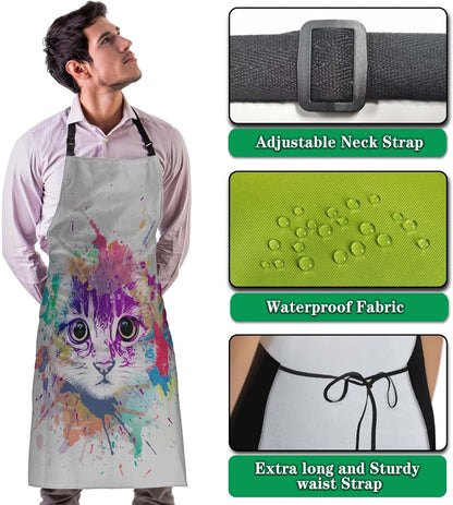 Housewife Apron for Women Abstract Colorful Cat Fun Aprons for Men for Kitchen Cooking Restaurant BBQ Painting Crafting Gardening 27” (W) x 31” (H), Waterproof Apron