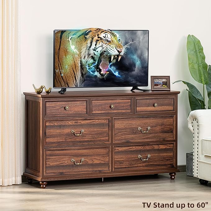 Farmhouse Furniture Set, Nightstands Set of 2 and 7 Drawers Dresser for Bedroom, 54 Inch Wide Wood Dresser and 24" Night Stands with Charging Station for Bedroom, Living Room, Hallway