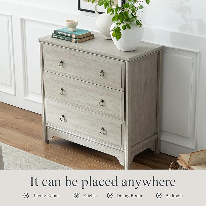 Chogori Solid Wood Dresser for Bedroom- Natural Wood Veneers & Water Based Paint Finished- Vintage Chests of Drawers, Small 3 Drawer Dresser (1, Antique Gray)