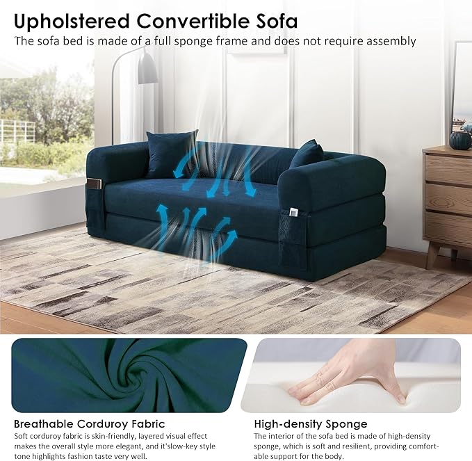 80" Convertible Sofa Bed, 3-in-1 Corduroy Folding Pull Out Couch with Pillows, No Assembly Modern Boneless Couch Compression Sofa in Box, Floor Sofa with Side Storage Pocket for Living Room,Dark Blue