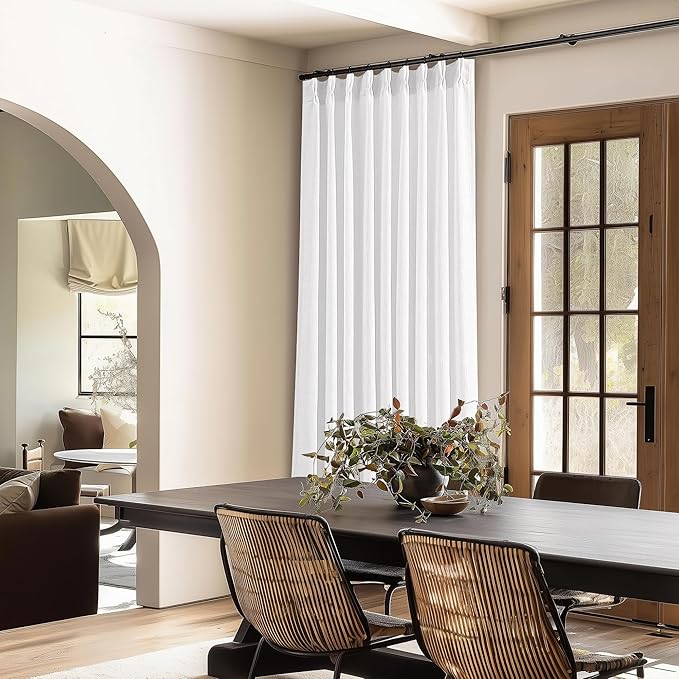 Pinch Pleated Extra Wide Linen Curtains 84 Inches Long for Patio Sliding Glass Door White 60 Inch Wide Pleated Drapes with Hooks Rings Neutral Semi Sheer 60x84 Curtain for Living Room 1 Panel
