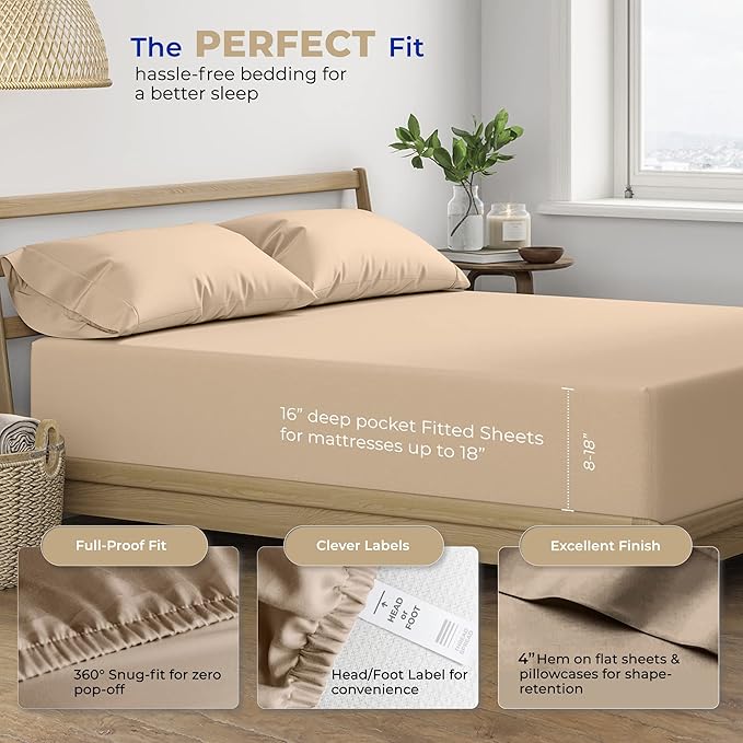 THREAD SPREAD Twin XL Sheets Set - 400 Thread Count 100% Cotton, Cooling & Luxury Sateen Sheets, 3 PC Set, 16" Deep Pocket, Extra Soft (Taupe)