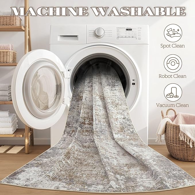Area Rug Living Room Rugs - 6x9 Washable Large Soft Indoor Neutral Modern Abstract Low Pile Rug Carpet for Bedroom Dining Room Farmhouse Home Office - Brown/Grey/Black