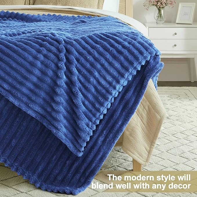 decorUhome Christmas Soft Fleece Navy Blue Blanket Queen Size for Bed, Cozy Fluffy Plush Flannel Large Striped Throws for Couch Sofa, Lightweight Decorative Fuzzy Blanket for Woman, 90x90 Inches
