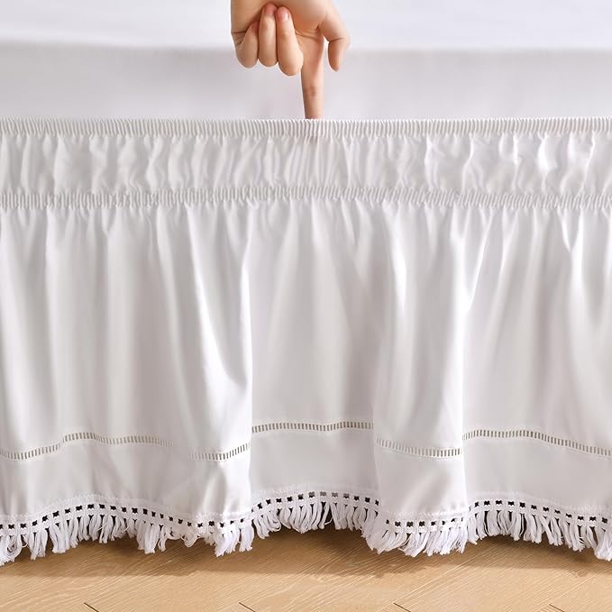MIYE Wrap Around Ruffled Lace Bed Skirt, Elastic Dust Ruffle with Adjustable Belts, Easy to Put On, Bed Frame Cover, Machine Washable (Tassel Ruffle/White, King/Queen-12.5" Drop)