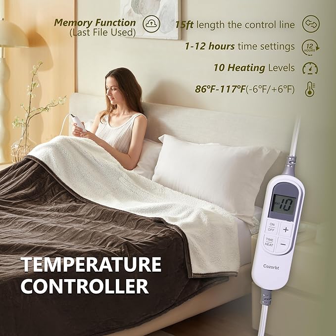 Heat Blanket 72”x84” Full Size,Soft Flannel & Sherpa Reversible Electric Blanket with 10 Heat Settings,12 Timer Setting and 8 Hours Auto-Shut Off,ETL Certified Machine Washable,Dark Brown